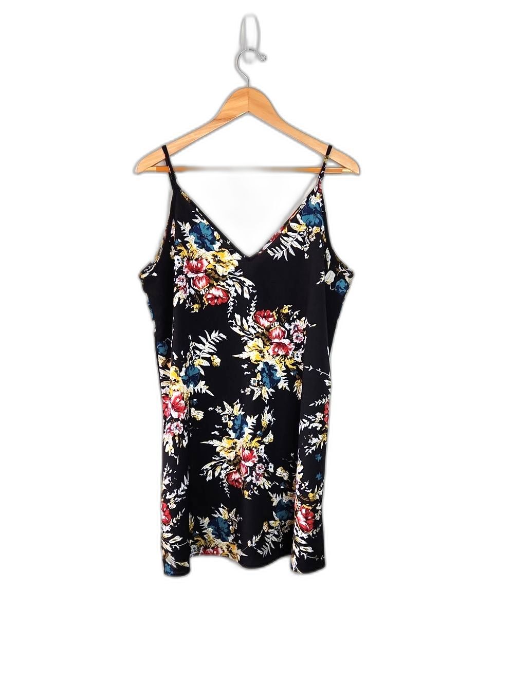 Shein Black Floral Double V-neck Mini Slip Dress size XL (US 12) Red Blue Yellow